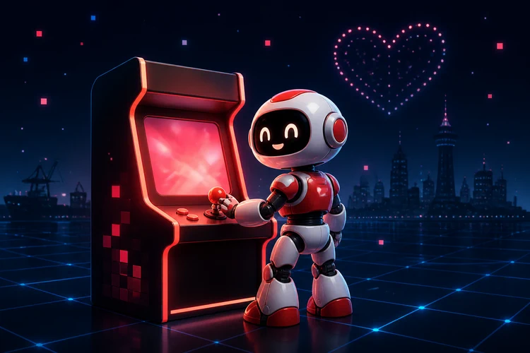 AI × ゲーム制作のイメージビジュアル。夜のネオングリッドの上で、赤と白の丸いロボットがアーケード筐体のジョイスティックを握り、背景の夜空にはハート形に並んだ光が浮かんでいる