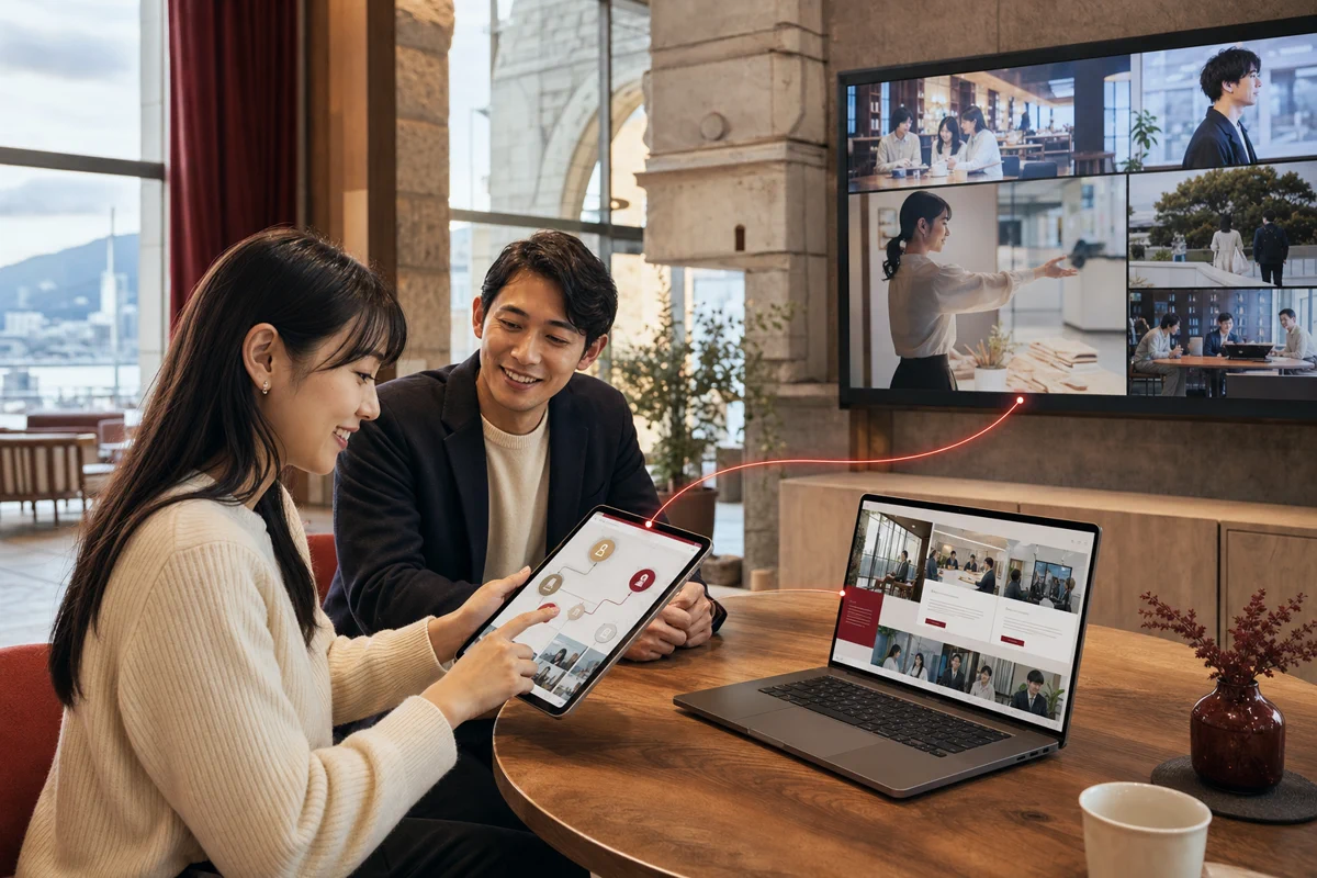 候補者が社員の案内を受けながら、採用動画、採用サイト、適職診断ゲームを通して会社と仕事への理解を深めている様子