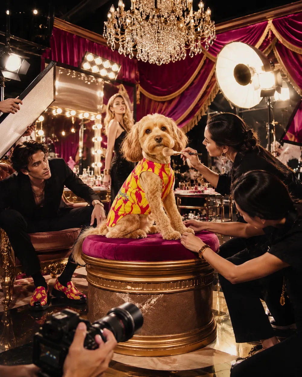 シャンデリアの下、撮影スタジオで犬にメイクを施すスタッフたち。キャンペーン撮影さながらの演出イメージ