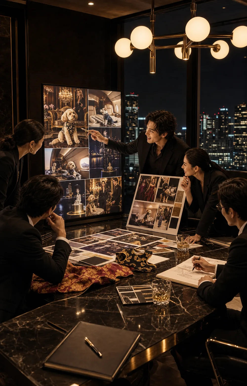 夜景を望む会議室で、提案ビジュアルのボードを指し示すディレクターと身を乗り出して見入るチーム