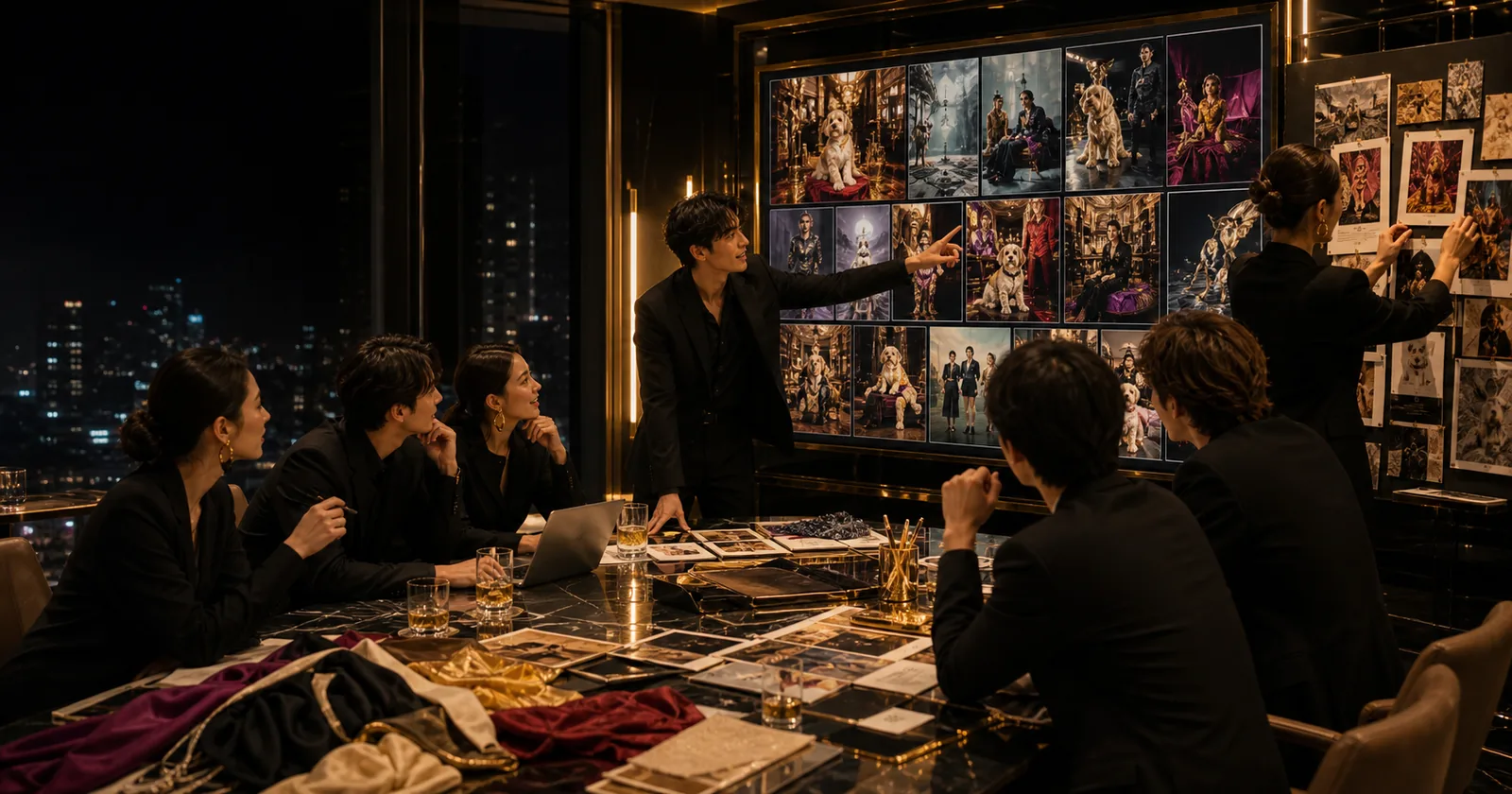 夜景の役員会議室で、大画面に映した提案ビジュアルを前に議論が活気づくチーム