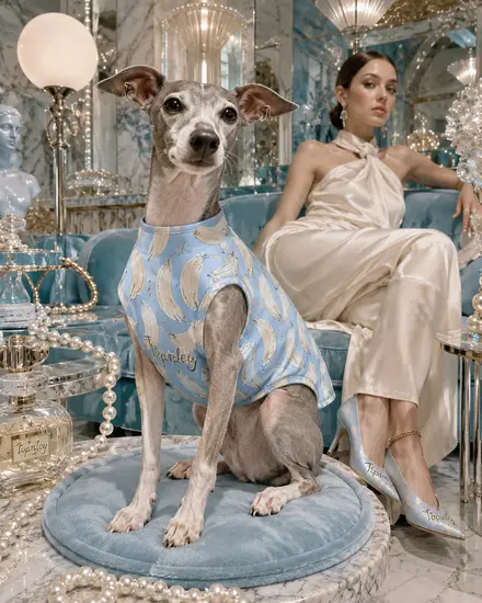 シルクの衣装をまとった犬とモデルのラグジュアリーな一枚