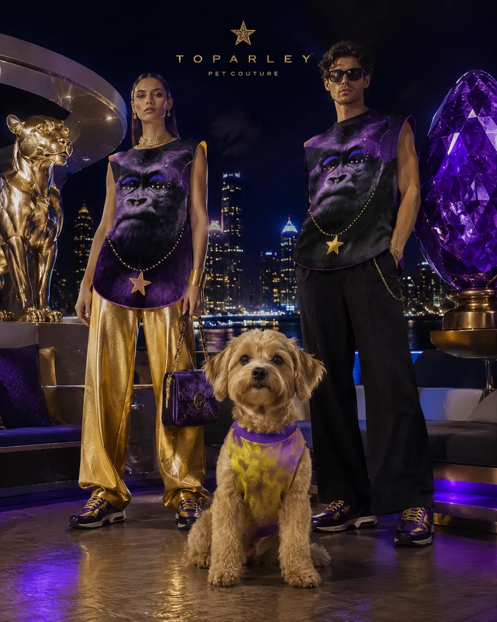 提案ビジュアルから生まれたブランドの世界観カット。夜景を背にロゴを掲げ、犬とモデルがブランドの主役として立つ