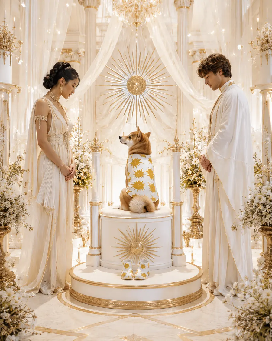 純白の祭壇の前で正装した柴犬が主役として迎えられるセレモニーのビジュアル