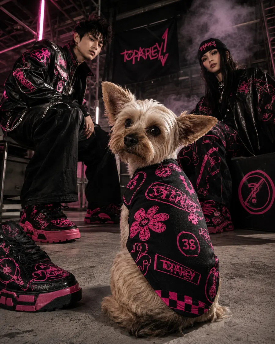 ネオンが光る地下スタジオでピンクと黒の衣装をまとった犬のパンクなビジュアル