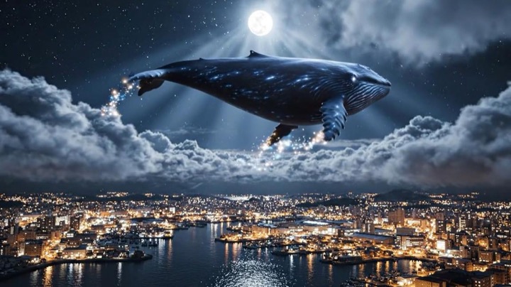 KUJIRA 天翔 — 夜の港町に浮かぶ発光鯨のAI動画×スクロール演出